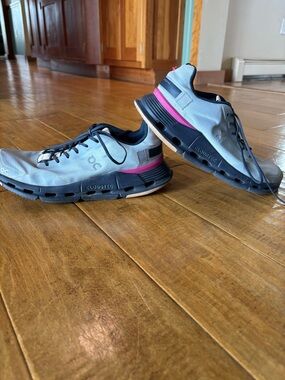 On Running Light Blue and Black Women's Athletic Shoes with Pink Accent